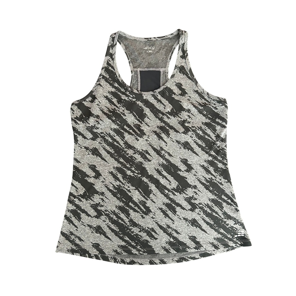 BCG Womens Racerback Athletic Tank Top GreyBlack Abstract Mesh Back Large (1314)